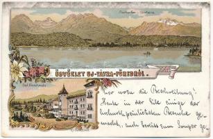 1898 (Vorläufer) Újtátrafüred, Neu-Schmecks, Novy Smokovec (Magas-Tátra, Vysoké Tatry); Csorbai-tó / Strbské Pleso / lake. Art Nouveau, floral, litho (kis szakadás / small tear)