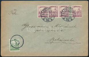 1918 Levél Budapestről 4 x 3f bérmentesítéssel Budapestről Békéscsabára 5f szükségportóval / Cover with auxiliary postmark