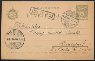 1906 5f díjjegyes levelezőlap "RUTTKA-KASSA" vasúti mozgóposta és "IGLÓ" pályaudvari bélyegzéssel / PS-card with railway postmarks