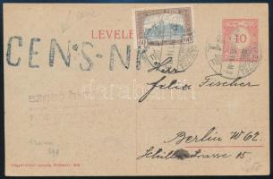 1920 Díjkiegészített díjjegyes levelezőlap cenzúrázva Berlinbe / Censored PS-card with additional franking to München