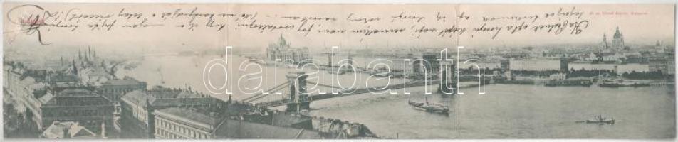 1899 (Vorläufer) Budapest, épülő Lánchíd. 3-részes kinyitható panorámalap, Divald Károly 49. (ragasztónyom / gluemark)