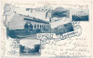 1898 (Vorläufer) Csap, Cop, Chop; Garai Lak, gyógyszertár, híd, éttermi különlegesség (halak). Storch E. kiadása / pharmacy, bridge, restaurant&#039;s specialty (fish). Art Nouveau, floral (EK)