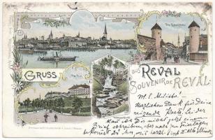 1898 (Vorläufer) Tallin, Reval; Der Dom, Wolfsschlucht, Die Lehmpforte. Ferd. Wassermann / waterfall, fortress. Art Nouveau, floral, litho (small tear)