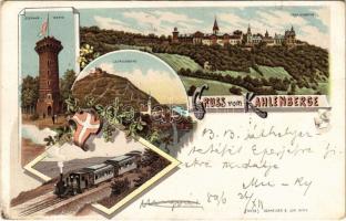 1896 (Vorläufer) Wien, Vienna, Bécs XIX. Kahlenberg, Leopoldsberg, Stefanie-Warte / lookout tower, train, locomotive. Schneider & Lux No. 73. Art Nouveau, floral, litho (EK)