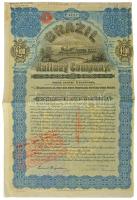 Amerikai Egyesült Államok / Maine 1909. "Brazil Vasút Társaság" arany jelzálogkötvénye 100Ł-ról felülbélyegzésekkel T:F tűlyukak USA / Maine 1909. "Brazil Railway Company" first mortgage 60-year gold bond about 100 Pounds with overprints C:F needle holes