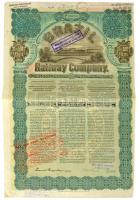 Amerikai Egyesült Államok / Maine 1909. "Brazil Vasút Társaság" arany jelzálogkötvénye 500Fr-ról felülbélyegzésekkel T:F tűlyukak USA / Maine 1909. "Brazil Railway Company" first mortgage 60-year gold bond about 500 Pounds with overprints C:F needle holes