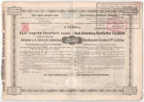 Budapest 1876. "Győr-sopron-ebenfurti vasut" részvénye 200Ft-ról, magyar és német nyelven, szárazpecséttel, bélyegzésekkel és szelvényekkel, szelvényutalvánnyal T:F,VG nagy szakadás