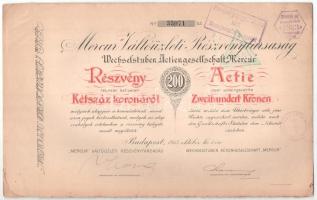 Budapest 1913. "Mercur Váltóüzleti Részvénytársaság" részvénye 200K-ról bélyegzésekkel, 1db szelvénnyel T:VF