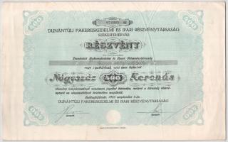Székesfehérvár 1923. "Dunántúli Fakereskedelmi és Ipari Részvénytársaság" részvénye 400K-ról szárazpecséttel, szelvényekkel T:XF