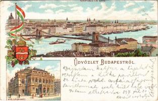 1897 (Vorläufer) Budapest, Panoráma a királyi vártól, Operaház, magyar zászló és címer. Art Nouveau, floral, litho