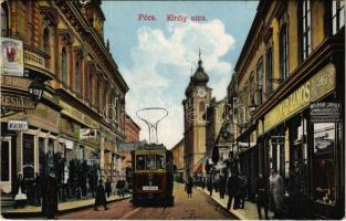 1915 Pécs, Király utca, villamos a Főpályaudvar felé, megállóhely, Molnár János csemege és fűszer üzlete, dohány és szivar eladás, Hungária általános biztosító, Spiegel József és Balog György üzlete, Kereskedelmi és Iparbank