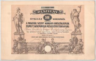 Budapest 1916. "A Magyar Szent Korona Országainak Pamut Központja Részvénytársaság" névre szóló részvénye 500K-ról szelvényekkel, szárazpecséttel T:AU / Hungary / Budapest 1916. "A Magyar Szent Korona Országainak Pamut Központja Részvénytársaság" share with the shareholder's name about 500 Korona, with coupons, embossed stamp C:AU
