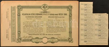 Székelyudvarhely 1894. "Héjasfalva-Székelyudvarhelyi H.É.V. (Székely-vasút) Részvénytársaság" elsőbbségi részvénye 100Ft-ról, szelvényekkel, szárazpecséttel T:XF kis beszakadások / Hungary / Székelyudvarhely (Odorheiu Secuiesc) "Héjasfalva-Székelyudvarhelyi H.É.V. (Székely-vasút) Részvénytársaság" priority share about 100 Forint, with coupons, embossed stamp C:XF small tears