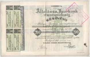 Budapest 1912. "Általános Iparbank Részvénytársaság" névre szóló részvénye 200K-ról, szelvényekkel, szárazpecséttel, felülbélyegzésekkel T:F / Hungary / Budapest 1912. "Általános Iparbank Részvénytársaság" share about 200 Korona with shareholder's name, coupons, embossed stamp and overprints C:F