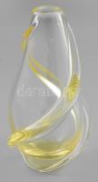 Antik cseh sárga üveg váza, üvegszál rátéttel, jelzés nélkül, hibátlan, m: 18,5 cm
