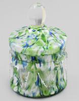 Cseh antik zöldes-kéken színezett többrétegű üveg bonbonier, jelzés nélkül, kis kopással, m: 14,5 cm