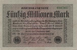 Német Birodalom / Weimari Köztársaság 1923. 50.000.000M (2x) szürke papíron, közeli sorszámokkal T:I-