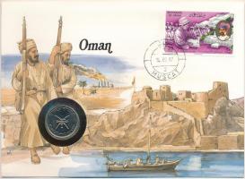 Omán 1987. 50b érmés borítékban, bélyeggel és bélyegzéssel, német nyelvű ismertetővel T:UNC Oman 1987 50 Baisa in coin envelope, with stamp and cancellation, with German description C:UNC