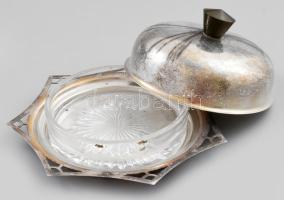 Cca 1930 Szecessziós vajtartó, alpakka, metszett üveggel,jó állapotban / butter-dish d: 14 cm
