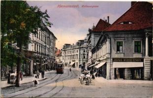 1915 Nagyszeben, Hermannstadt, Sibiu; Heltauergasse. Julius Wermescher / utca, üzletek, villamos / street view, shops, tram (kopott sarkak / worn corners)