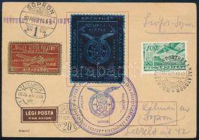 1937 Légi levelezőlap levélzárókkal és alkalmi bélyegzésekkel / Airmail postcard with labels