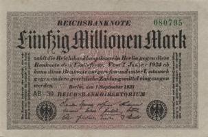 Német Birodalom / Weimari Köztársaság 1923. 50.000.000M (3x) szürke papíron, egymás utáni sorszámokk...