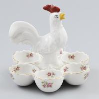 Victoria China kakas figurával díszített porcelán lágytojás kínáló, matricás, jelzéssel, kis kopottsággal, d: 15 cm, m: 14 cm