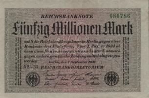 Német Birodalom / Weimari Köztársaság 1923. 50.000.000M (2x) szürke papíron, közeli sorszámokkal T:I...