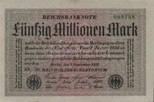 Német Birodalom / Weimari Köztársaság 1923. 50.000.000M (2x) szürke papíron, közeli sorszámokkal T:I...