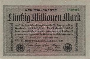 Német Birodalom / Weimari Köztársaság 1923. 50.000.000M (2x) szürke papíron, közeli sorszámokkal T:I...