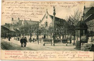 1900 Pozsony, Pressburg, Bratislava; Vármegyeház tér, templom, vár, Kertész Tódor reklámja egy hirdetőoszlopon, üzletek. Hans Nachbargauer kiadása / Komitatshausplatz / County Hall square, church, castle, shops, advertising column (fl)