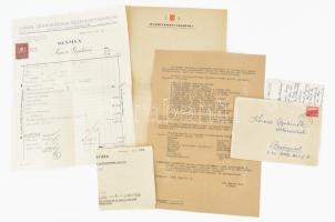 1931-1951 Kaesz Gyuláné Lukáts Kató (1900-1990) illusztrátor, grafikusművész vegyes iratai: neki és férjének címzett, személyes hangvételű levél (... "Mi biztosak vagyunk abban, hogy ha a társadalmunkban még egy jó pár ezer olyan typusu ember volna, mint maguk, az út amelyen most haladunk jóval rövidebb lenne, sokkal hamarabb elérnénk a szebb jövőbe, a kommunizmusba." ...) + Az Iparművészek grafikus-tagozatának 1948. április 13-i tagozati ülésén elfogadott munkaversenye, 2 p. + Iparművészeti Akadémia fejléces levélpapírja + számlák