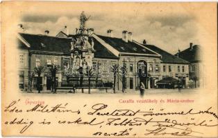 1899 (Vorläufer) Eperjes, Presov; Caraffa vesztőhely és Mária szobor, Sternbach József és Wohl Izidor üzlete, bútorraktár. Cattarino Sándor kiadása / monument, statue, shops (EK)