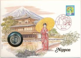 Japán 1981. 100Y Cu-Ni felbélyegzett borítékban, bélyegzéssel, német nyelvű leírással T:UNC  Japan 1981. 100 Yen Cu-Ni in envelope with stamp and cancellation and german language description C:UNC