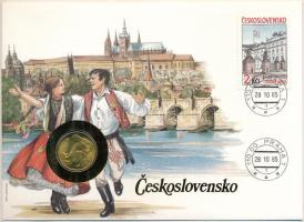 Csehszlovákia 1985. 1K Al-bronz felbélyegzett borítékban, bélyegzéssel, német nyelvű leírással T:AU  Czechoslovakia 1985. 1 Koruna Al-bronze in envelope with stamp, cancellation and a prospectus in german C:AU