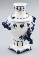 Gzhel retro szovjet porcelán szamovár, jelzéssel, hibátlan, m: 21,5 cm