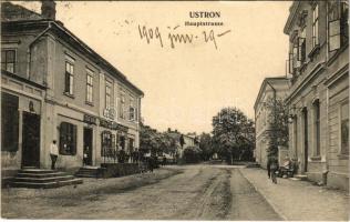 1909 Ustron, Hauptstrasse. Rudolf Langhammer 1908. / main street, shops of Felix Kania and Feuereisen