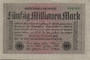 Német Birodalom / Weimari Köztársaság 1923. 50.000.000M (4x) szürke papíron, zöld ill. fekete cégjel...