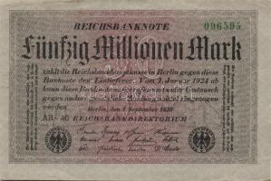 Német Birodalom / Weimari Köztársaság 1923. 50.000.000M (4x) szürke papíron, zöld ill. fekete cégjel...