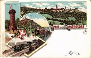 1907 Wien, Vienna, Bécs XIX. Kahlenberg, Leopoldsberg, Stefanie-Warte / lookout tower, train, locomotive. Art Nouveau, floral, litho (EK)