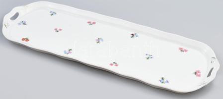 cca 1918-1938 Pirkenhammer szendvicskínáló tál, matricás virágmintákkal díszítve, kis kopottsággal, jelzéssel, h: 47x16,5 cm