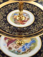 MZ csehszlovák historizáló mintás háromszintes porcelán kínáló, fém szerelékkel, jelzéssel, kis kopá...