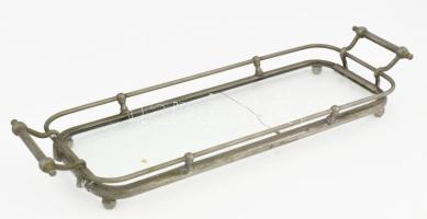 Art deco fém kínáló, sérült üvegbetéttel, jelzés nélkül, 31x10x5 cm