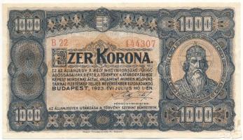 1923. 1000K "Magyar Pénzjegynyomda Rt. Budapest" nyomdahely jelöléssel T:F az egyik sarkánál szakadás Adamo K37