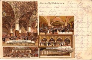 1899 (Vorläufer) München, Munich; Kgl. Hofbräuhaus, Grosse und kleine Parterre Bierhalle, Küchengang, Schenke, Maaskrüge am Schenktisch / brewery interior, beer hall. Eckstein &amp; Stähle Art Nouveau, litho (EK)