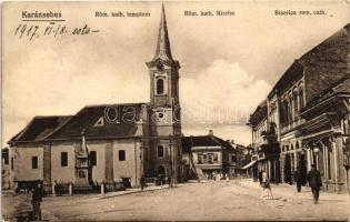 1917 Karánsebes, Caransebes; Római katolikus templom, piac, üzletek. Halász Nándor kiadása / church, market, shops (EK)