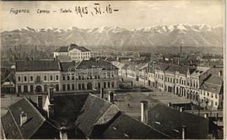 1915 Fogaras, Fagaras; látkép, utca, Heinrich Schul üzlete, hotel, M. kir. állami főgimnázium. Fleissig Jakab kiadása / street view, shops, hotel, grammar school