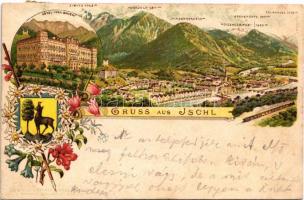 1896 (Vorläufer) Bad Ischl, Hotel Vorm. Bauer, Hochjoch, Jainzenberg, Erlakogel, Höllengebirge, Brenetgupf. Lesk u. Schwidernoch Art Nouveau, floral, litho (fl)