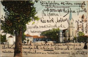 Újszentanna, Új-Szt.-Anna, Szentanna, Santana; Római katolikus templom a térrel, Szentháromság szobor. W. L. Bp. 392. / Catholic church with square, Trinity statue (EK)