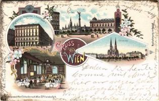 1898 (Vorläufer) Wien, Vienna, Bécs; Högelsbergers Restauration (Schottengasse 4.), Rathaus, Votivkirche, Speisesaal / church, town hall, restaurant interior. Karl Schwidernoch Art Nouveau, floral, litho